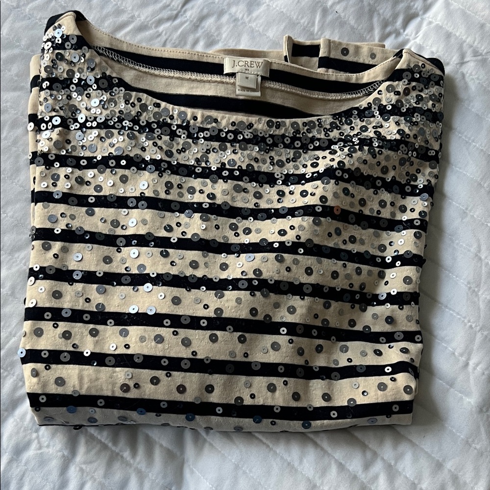 J. Crew Black and Cream Striped Sequin Shirt